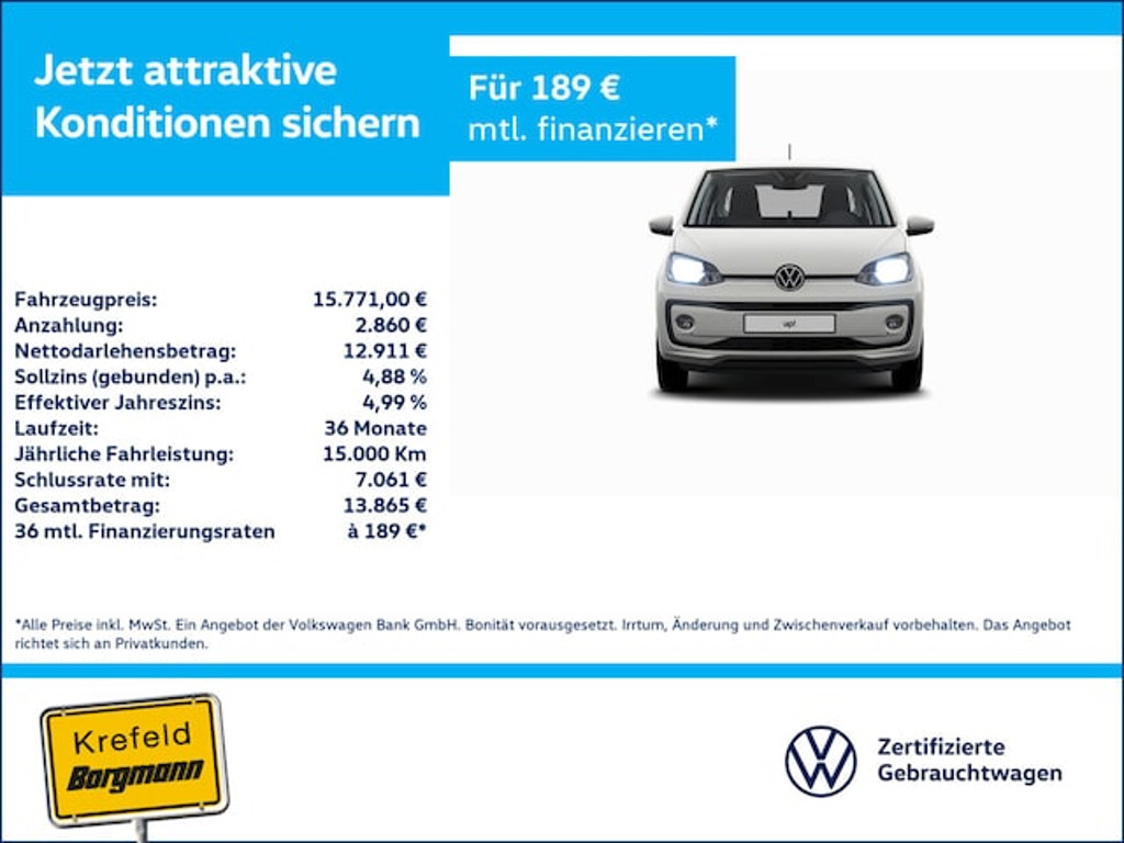 Volkswagen up! up! 1.0  RÜCKFAHRKAMERA SITZHEIZUNG PDC KLIMA