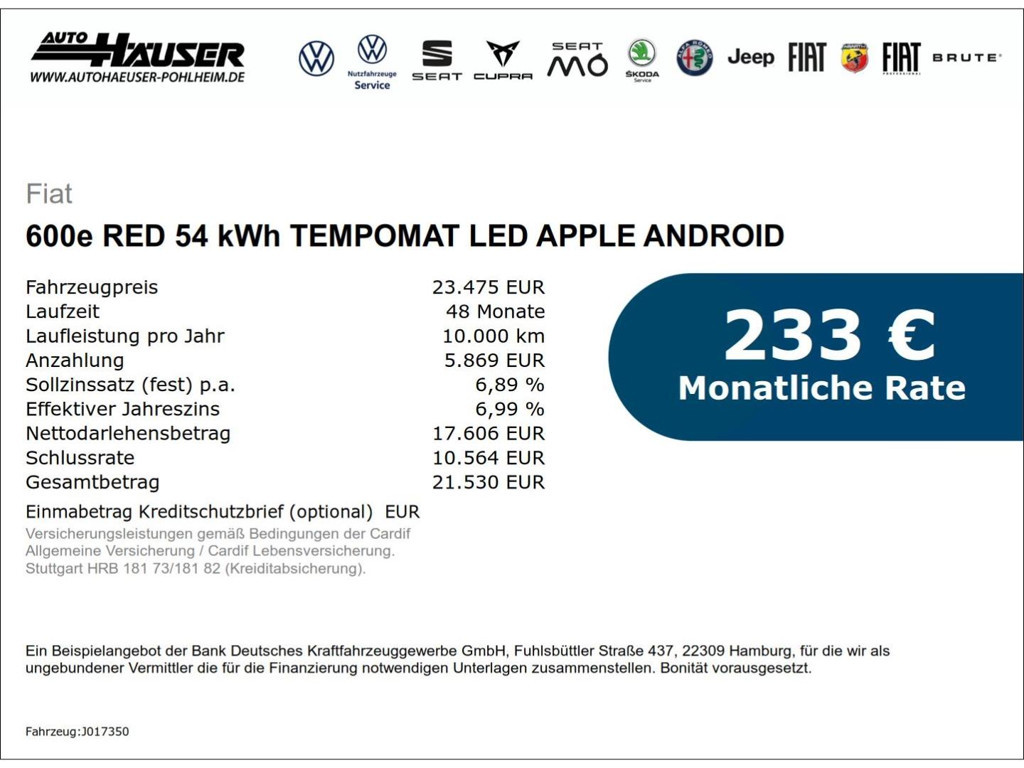 Fiat 600e RED 54 kWh TEMPOMAT LED APPLE ANDROID
